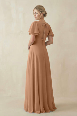 V - Neck Ruffled Short Sleeves A - Line Bridesmaid Dress in Bronzer - KissProm Bridesmaid Dresses
