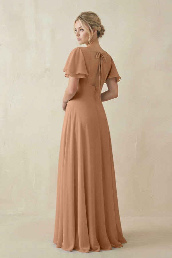 V - Neck Ruffled Short Sleeves A - Line Bridesmaid Dress in Bronzer - KissProm Bridesmaid Dresses