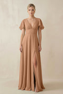 V - Neck Ruffled Short Sleeves A - Line Bridesmaid Dress in Bronzer - KissProm Bridesmaid Dresses