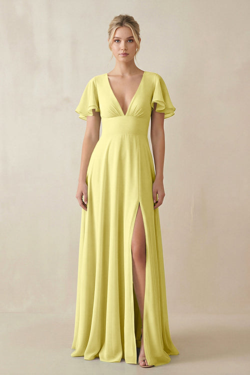 KissProm V-Neck Ruffled Short Sleeves A-Line Bridesmaid Dress in Buttercup, Buttercup / 16