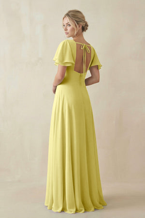 V - Neck Ruffled Short Sleeves A - Line Bridesmaid Dress in Buttercup - KissProm Bridesmaid Dresses