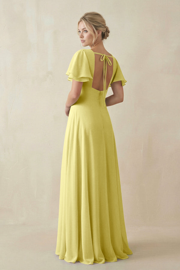 V - Neck Ruffled Short Sleeves A - Line Bridesmaid Dress in Buttercup - KissProm Bridesmaid Dresses