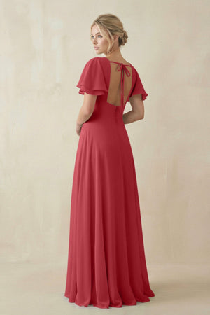 V - Neck Ruffled Short Sleeves A - Line Bridesmaid Dress in c - KissProm Bridesmaid Dresses