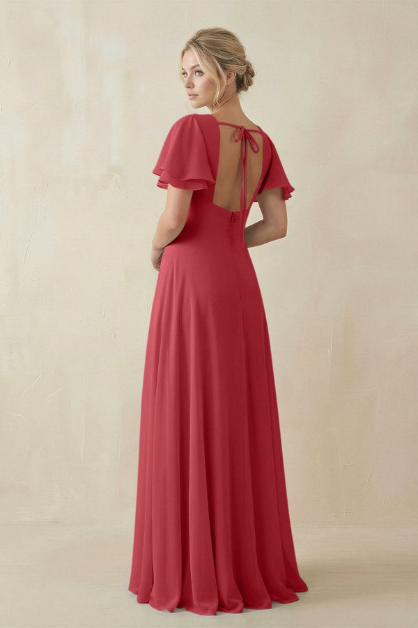 V - Neck Ruffled Short Sleeves A - Line Bridesmaid Dress in c - KissProm Bridesmaid Dresses