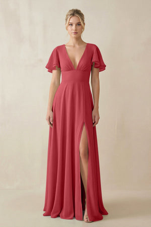 V - Neck Ruffled Short Sleeves A - Line Bridesmaid Dress in c - KissProm Bridesmaid Dresses