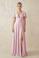 V - Neck Ruffled Short Sleeves A - Line Bridesmaid Dress in Candy Pink - KissProm Bridesmaid Dresses