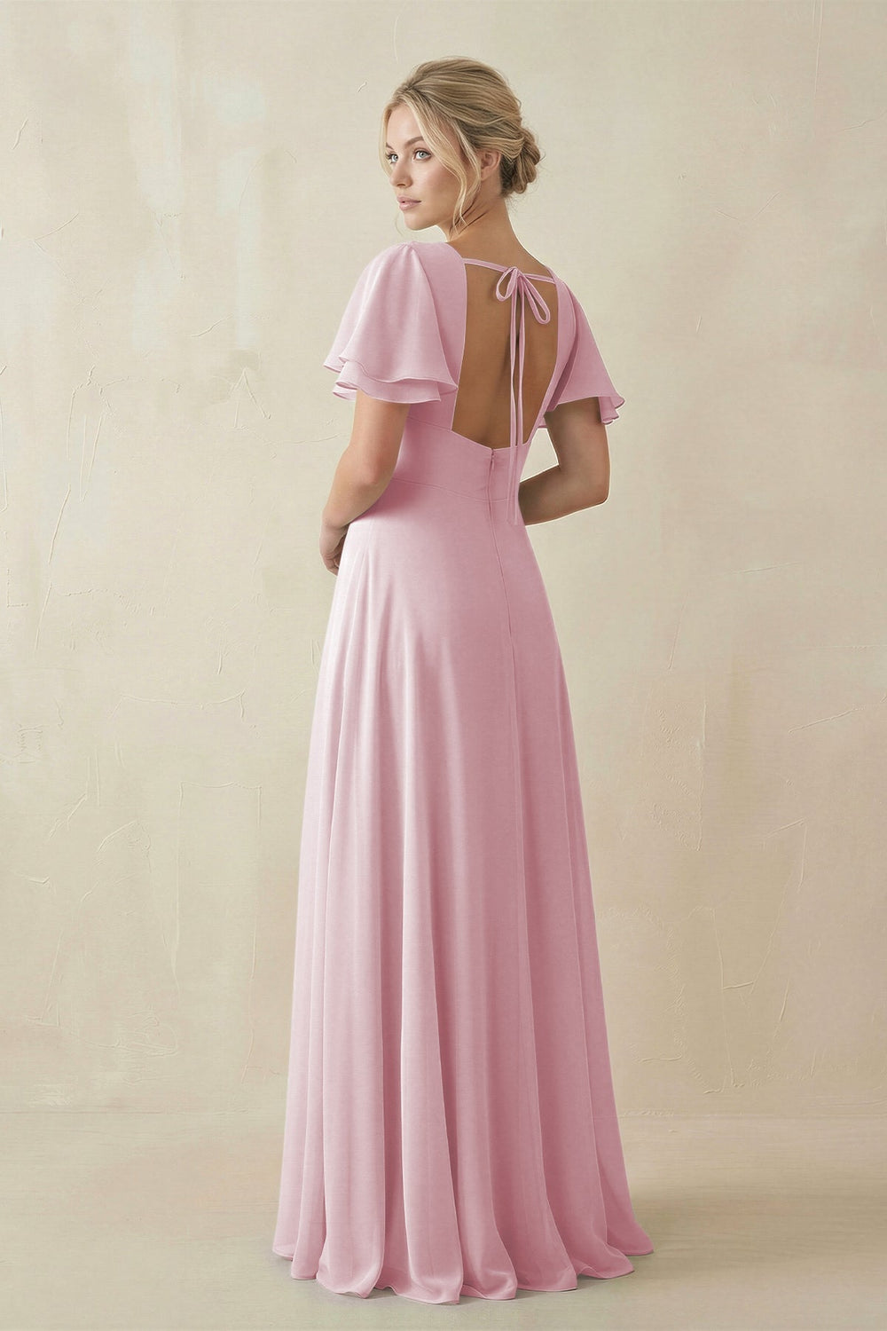 V - Neck Ruffled Short Sleeves A - Line Bridesmaid Dress in Candy Pink - KissProm Bridesmaid Dresses
