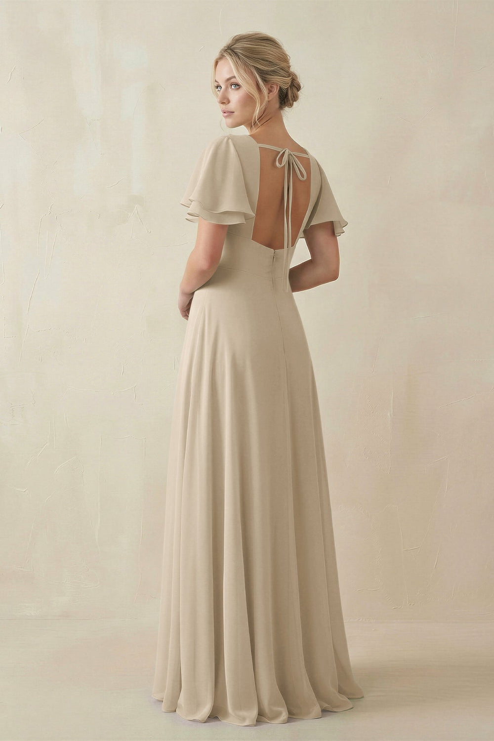 V - Neck Ruffled Short Sleeves A - Line Bridesmaid Dress in Champagne - KissProm Bridesmaid Dresses