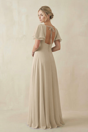 V - Neck Ruffled Short Sleeves A - Line Bridesmaid Dress in Champagne - KissProm Bridesmaid Dresses