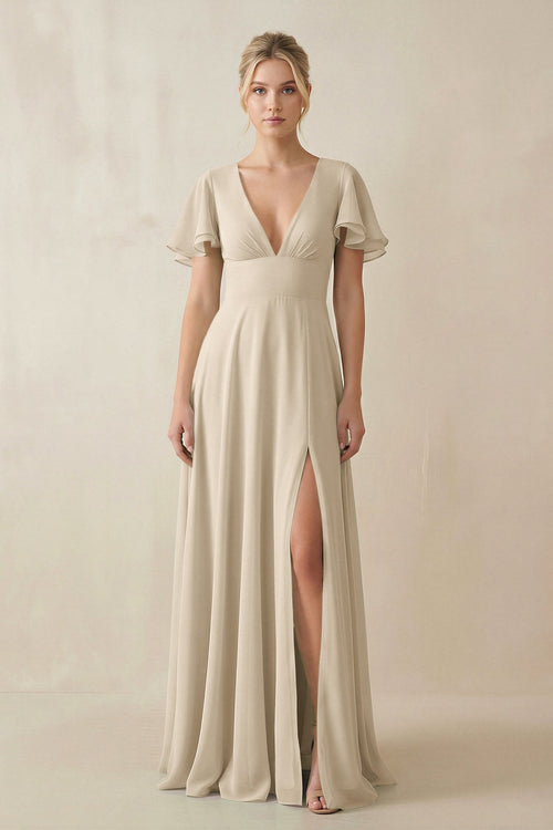 KissProm V-Neck Ruffled Short Sleeves A-Line Bridesmaid Dress in Champagne, Champagne / 16