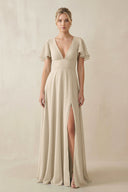 V - Neck Ruffled Short Sleeves A - Line Bridesmaid Dress in Champagne - KissProm Bridesmaid Dresses