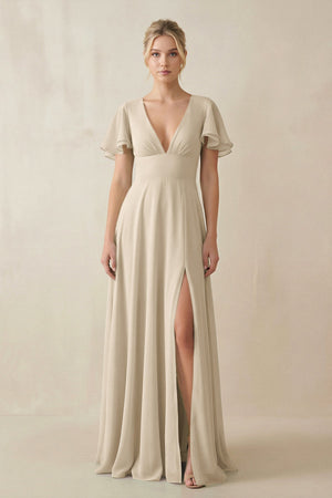 V - Neck Ruffled Short Sleeves A - Line Bridesmaid Dress in Champagne - KissProm Bridesmaid Dresses