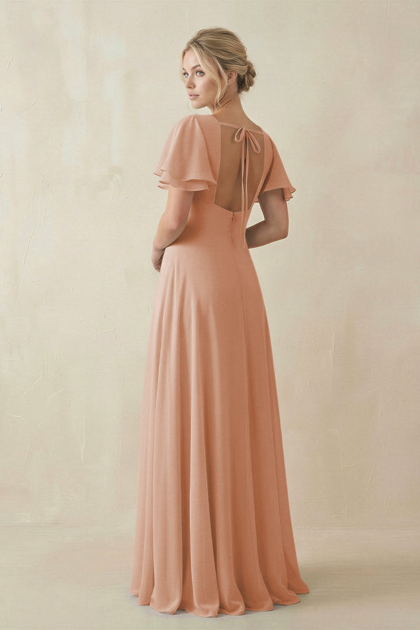 V - Neck Ruffled Short Sleeves A - Line Bridesmaid Dress in Champagne Rose - KissProm Bridesmaid Dresses