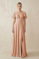 V - Neck Ruffled Short Sleeves A - Line Bridesmaid Dress in Champagne Rose - KissProm Bridesmaid Dresses