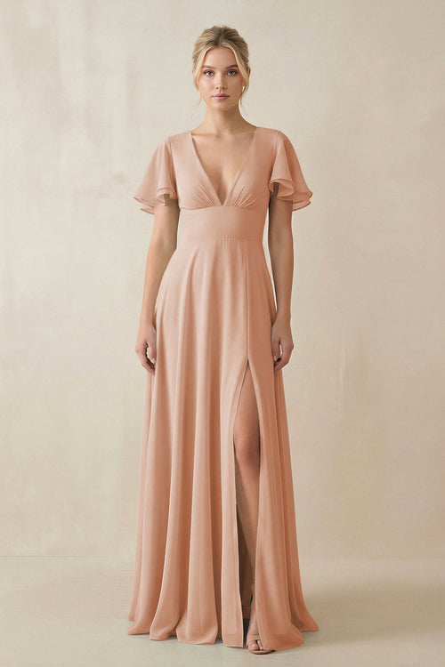 V - Neck Ruffled Short Sleeves A - Line Bridesmaid Dress in Champagne Rose - KissProm Bridesmaid Dresses