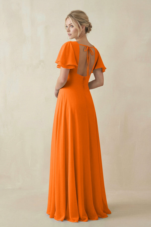KissProm V-Neck Ruffled Short Sleeves A-Line Bridesmaid Dress in Cinnamon, Cinnamon / 14
