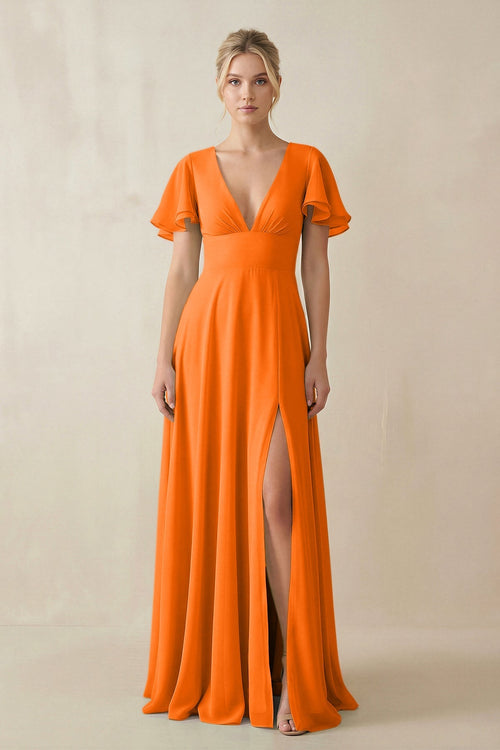KissProm V-Neck Ruffled Short Sleeves A-Line Bridesmaid Dress in Cinnamon, Cinnamon / 14