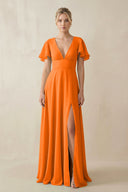 V - Neck Ruffled Short Sleeves A - Line Bridesmaid Dress in Cinnamon - KissProm Bridesmaid Dresses