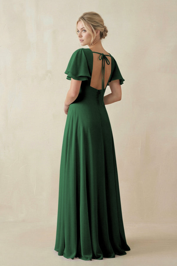 KissProm V-Neck Ruffled Short Sleeves A-Line Bridesmaid Dress in Dark Green, Dark Green / 14