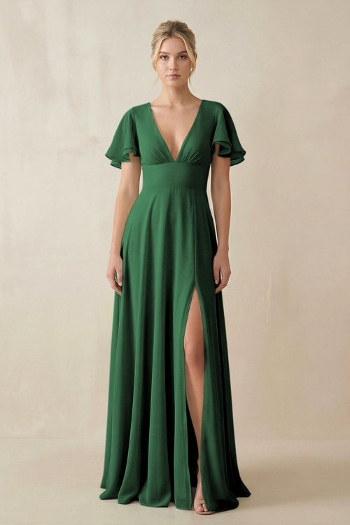 KissProm V-Neck Ruffled Short Sleeves A-Line Bridesmaid Dress in Dark Green, Dark Green / 14