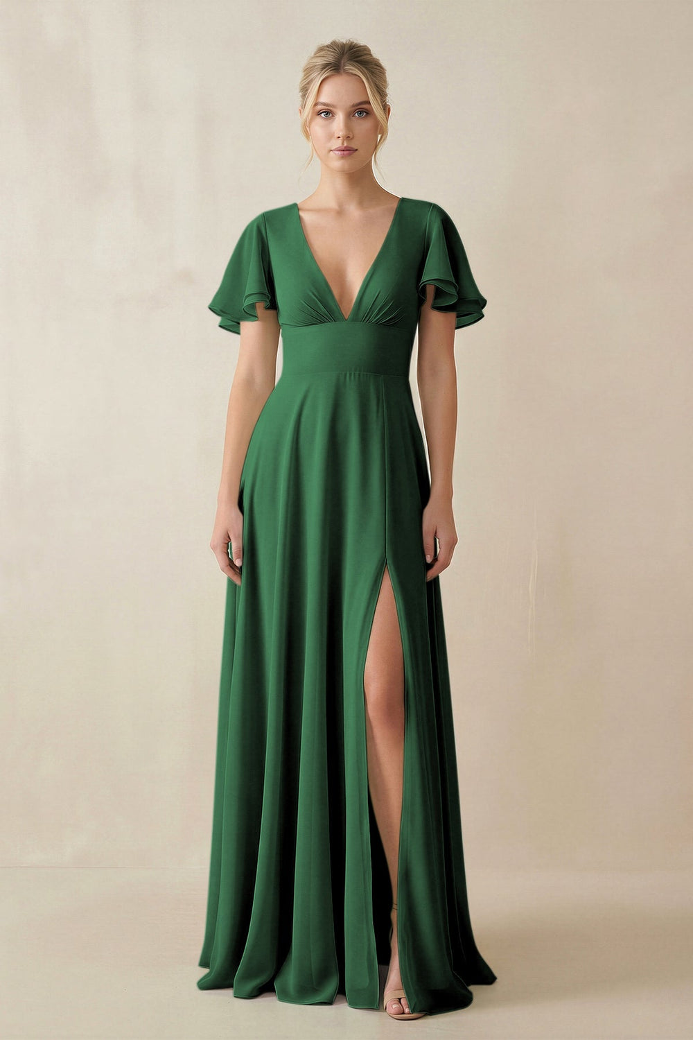 V - Neck Ruffled Short Sleeves A - Line Bridesmaid Dress in Dark Green - KissProm Bridesmaid Dresses