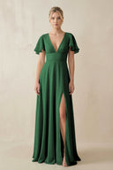 V - Neck Ruffled Short Sleeves A - Line Bridesmaid Dress in Dark Green - KissProm Bridesmaid Dresses
