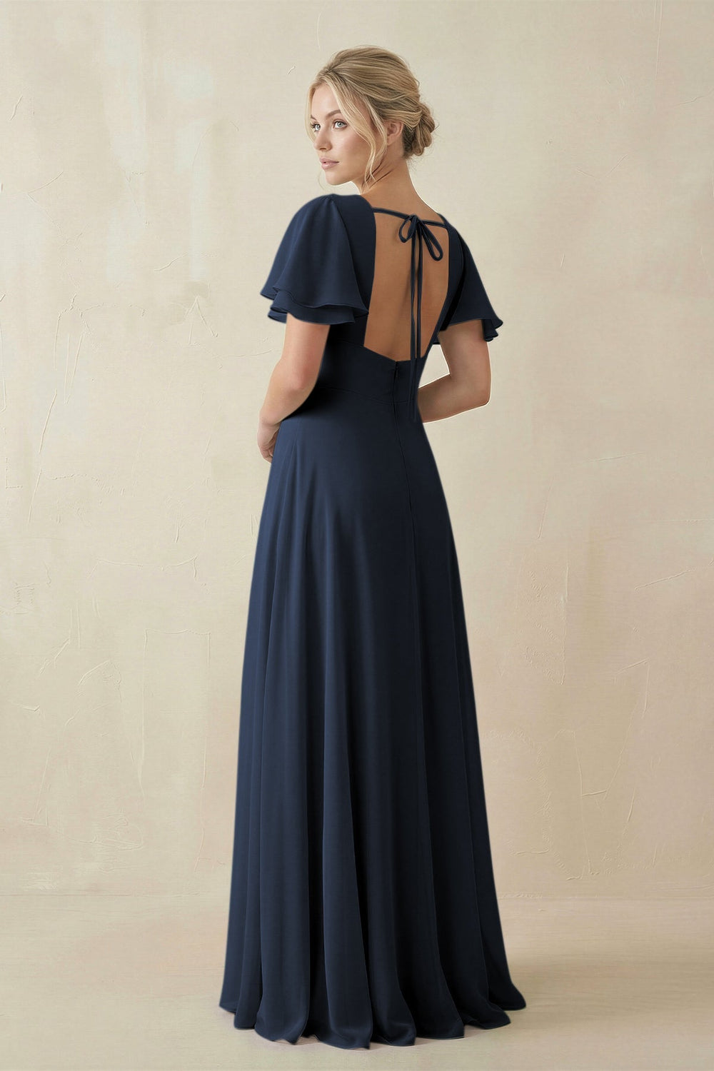 V - Neck Ruffled Short Sleeves A - Line Bridesmaid Dress in Dark Navy - KissProm Bridesmaid Dresses