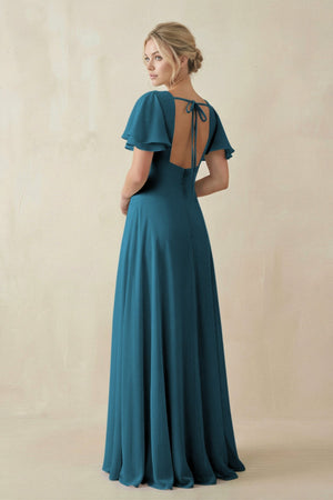 V - Neck Ruffled Short Sleeves A - Line Bridesmaid Dress in Dark Teal - KissProm Bridesmaid Dresses