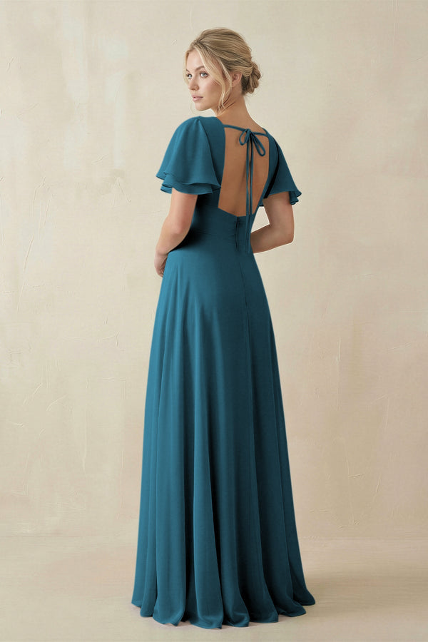 V - Neck Ruffled Short Sleeves A - Line Bridesmaid Dress in Dark Teal - KissProm Bridesmaid Dresses
