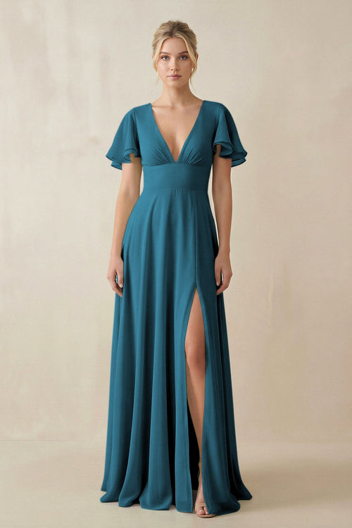 KissProm V-Neck Ruffled Short Sleeves A-Line Bridesmaid Dress in Dark Teal, Dark Teal / 14