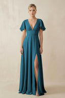 V - Neck Ruffled Short Sleeves A - Line Bridesmaid Dress in Dark Teal - KissProm Bridesmaid Dresses