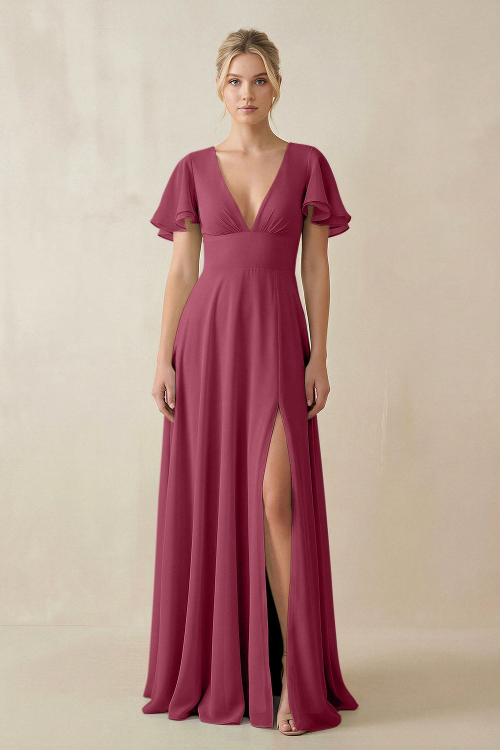 V - Neck Ruffled Short Sleeves A - Line Bridesmaid Dress in Desert Rose - KissProm Bridesmaid Dresses