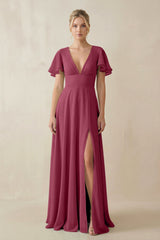V - Neck Ruffled Short Sleeves A - Line Bridesmaid Dress in Desert Rose - KissProm Bridesmaid Dresses