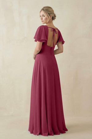 V - Neck Ruffled Short Sleeves A - Line Bridesmaid Dress in Desert Rose - KissProm Bridesmaid Dresses