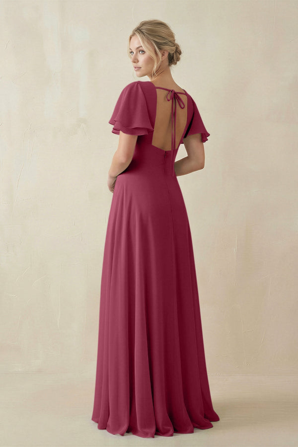 V - Neck Ruffled Short Sleeves A - Line Bridesmaid Dress in Desert Rose - KissProm Bridesmaid Dresses