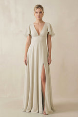 V - Neck Ruffled Short Sleeves A - Line Bridesmaid Dress in Dove Gray - KissProm Bridesmaid Dresses