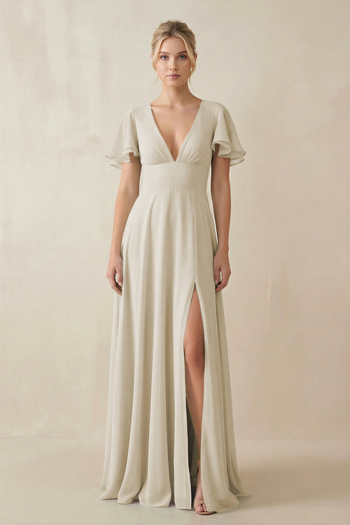 V - Neck Ruffled Short Sleeves A - Line Bridesmaid Dress in Dove Gray - KissProm Bridesmaid Dresses
