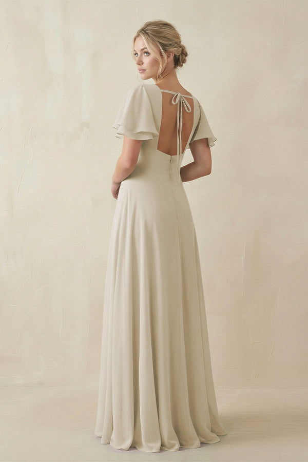 V - Neck Ruffled Short Sleeves A - Line Bridesmaid Dress in Dove Gray - KissProm Bridesmaid Dresses