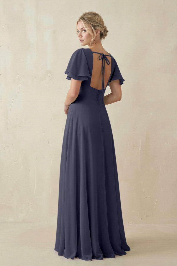 KissProm V-Neck Ruffled Short Sleeves A-Line Bridesmaid Dress in Dusk Blue, Dusk Blue / 8
