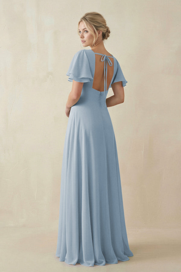 KissProm V-Neck Ruffled Short Sleeves A-Line Bridesmaid Dress in Dusty Blue, Dusty Blue / 28