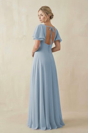 V - Neck Ruffled Short Sleeves A - Line Bridesmaid Dress in Dusty Blue - KissProm Bridesmaid Dresses