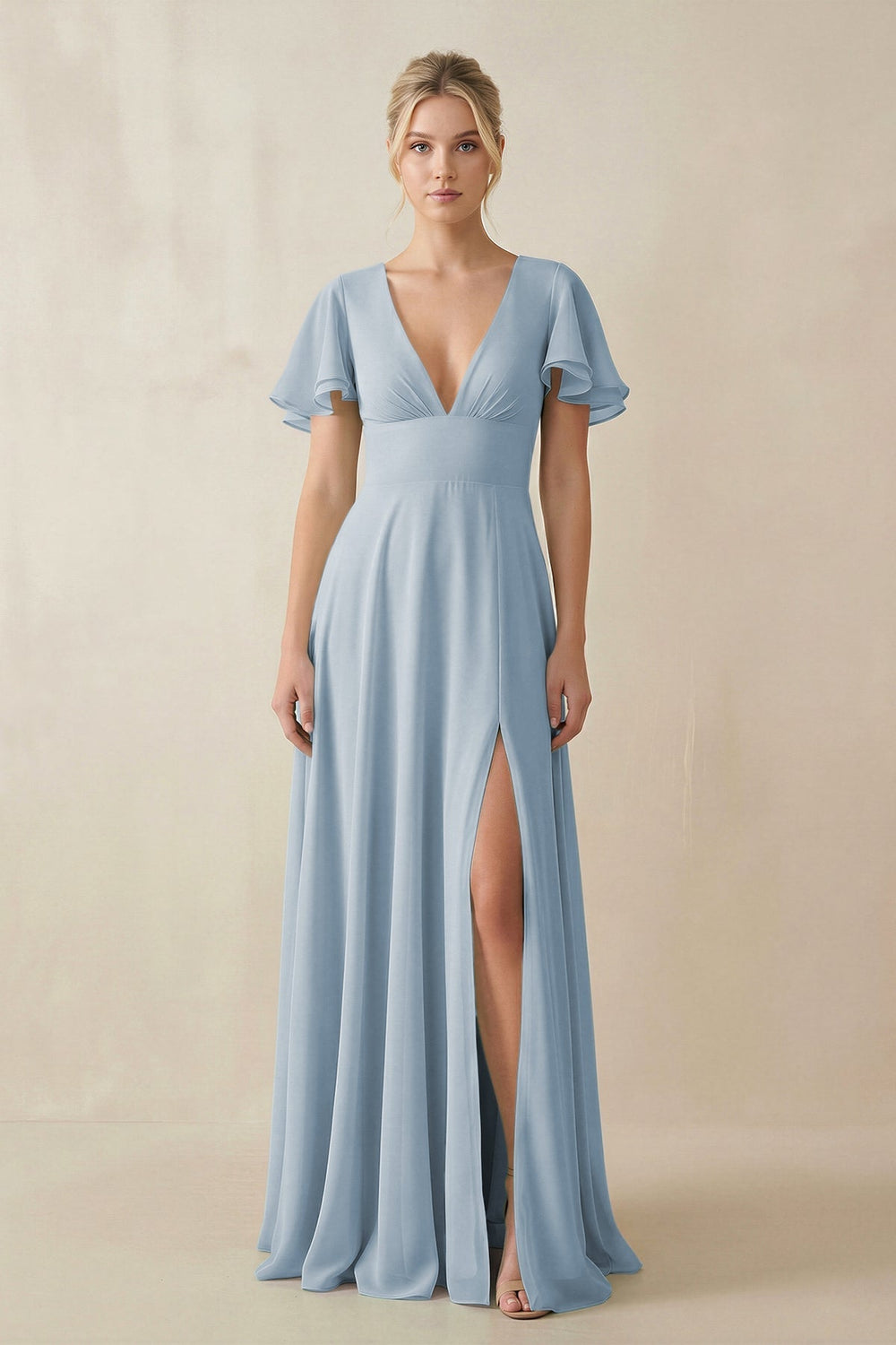 V - Neck Ruffled Short Sleeves A - Line Bridesmaid Dress in Dusty Blue - KissProm Bridesmaid Dresses
