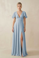 V - Neck Ruffled Short Sleeves A - Line Bridesmaid Dress in Dusty Blue - KissProm Bridesmaid Dresses