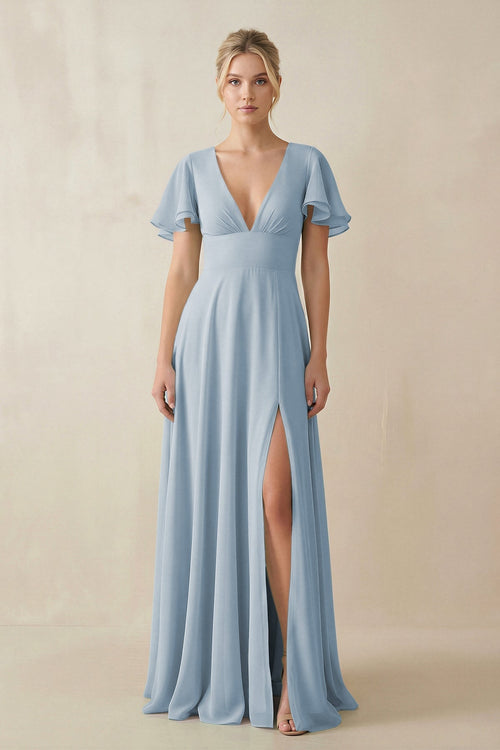 V - Neck Ruffled Short Sleeves A - Line Bridesmaid Dress in Dusty Blue - KissProm Bridesmaid Dresses