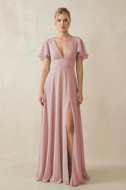 KissProm V-Neck Ruffled Short Sleeves A-Line Bridesmaid Dress in Dusty Rose, Dusty Rose / 10