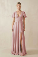 V - Neck Ruffled Short Sleeves A - Line Bridesmaid Dress in Dusty Rose - KissProm Bridesmaid Dresses