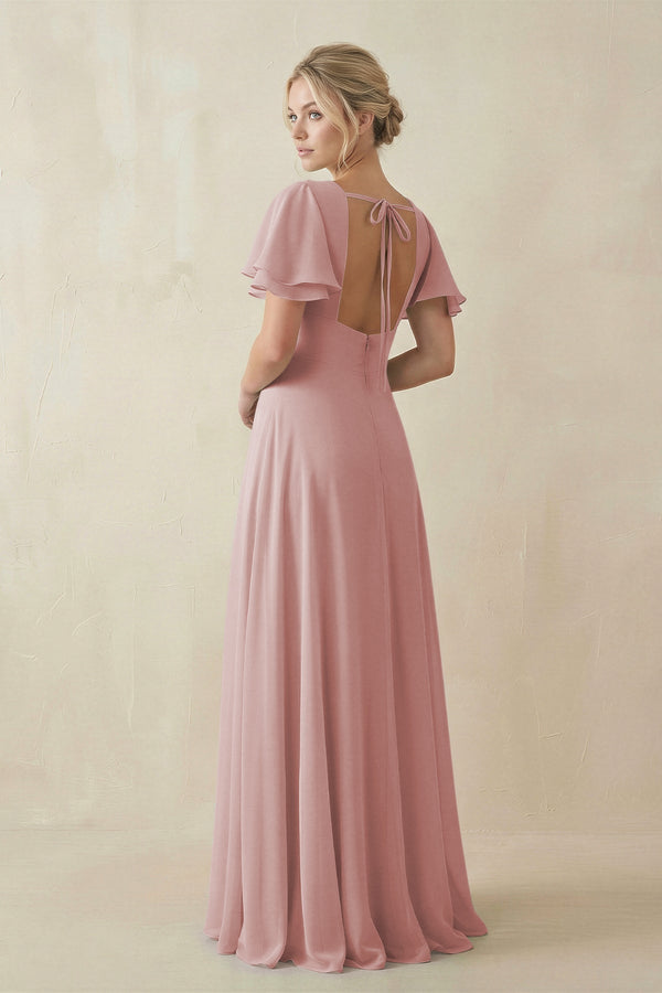 KissProm V-Neck Ruffled Short Sleeves A-Line Bridesmaid Dress in Dusty Rose, Dusty Rose / 10