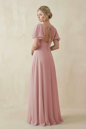 V - Neck Ruffled Short Sleeves A - Line Bridesmaid Dress in Dusty Rose - KissProm Bridesmaid Dresses