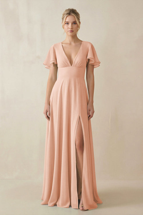 V - Neck Ruffled Short Sleeves A - Line Bridesmaid Dress in English Rose - KissProm Bridesmaid Dresses