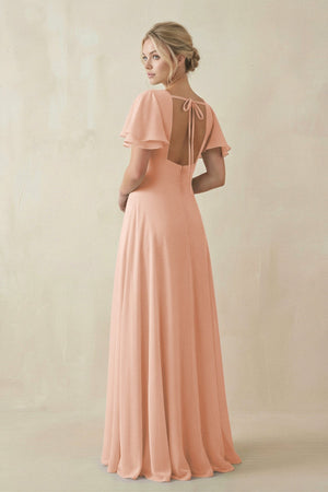 V - Neck Ruffled Short Sleeves A - Line Bridesmaid Dress in English Rose - KissProm Bridesmaid Dresses